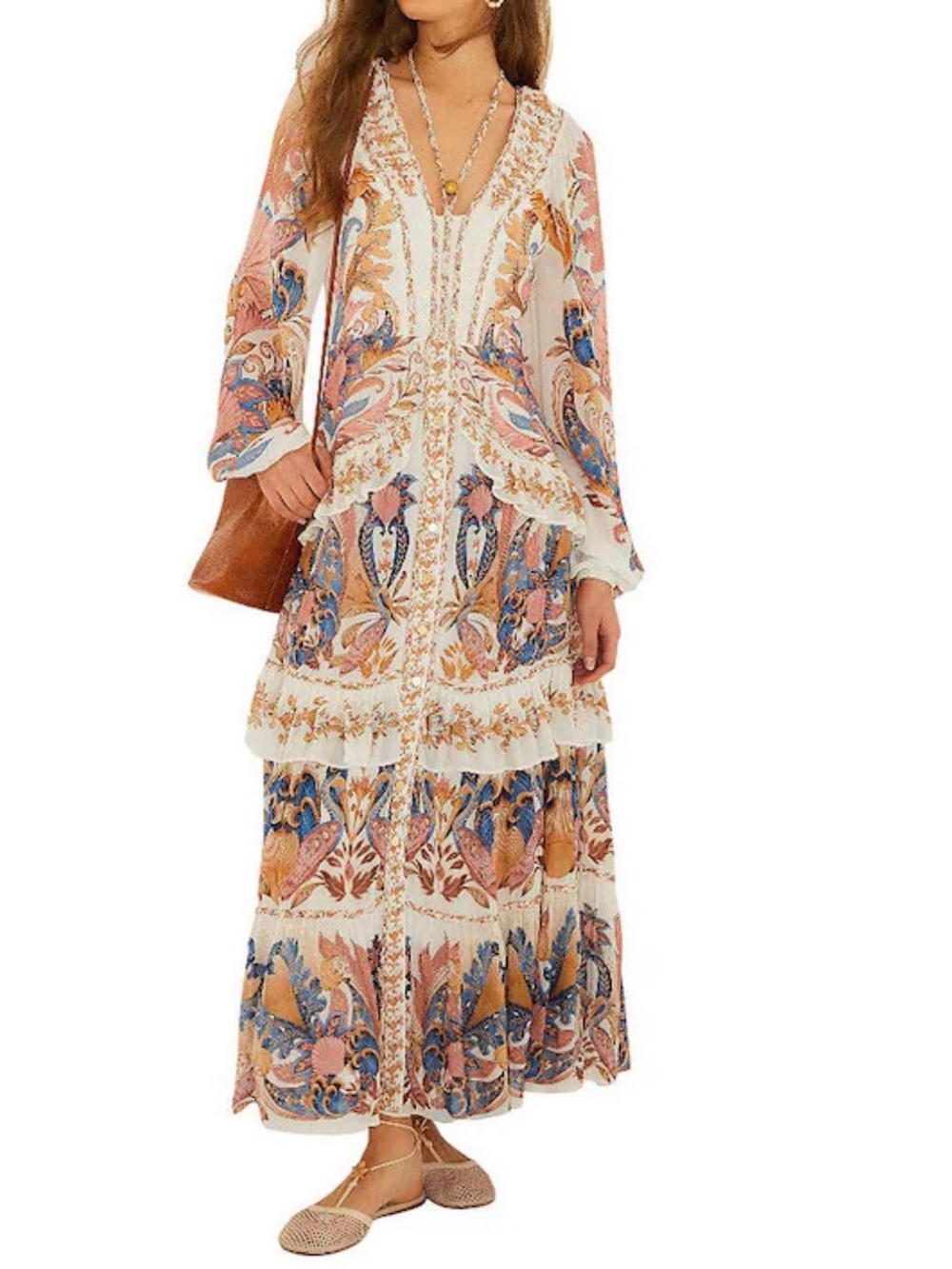 FARM Rio Cream Maxi Dress with Pink, Blue & Tan Paisley Print